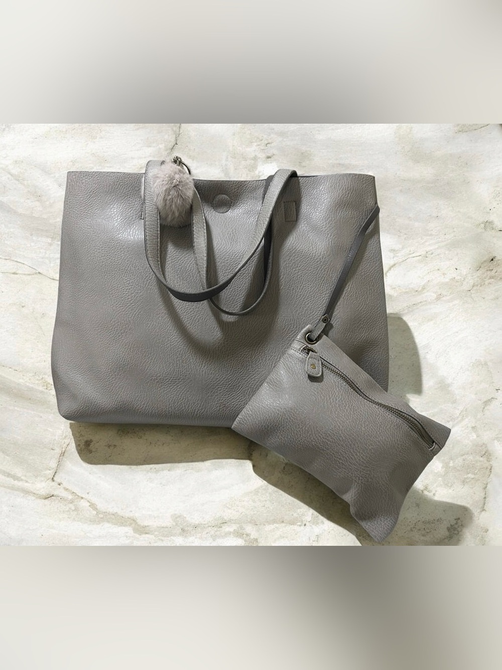 Gray Leather Tote Bag with Pouch - Soft Pebbled Finish